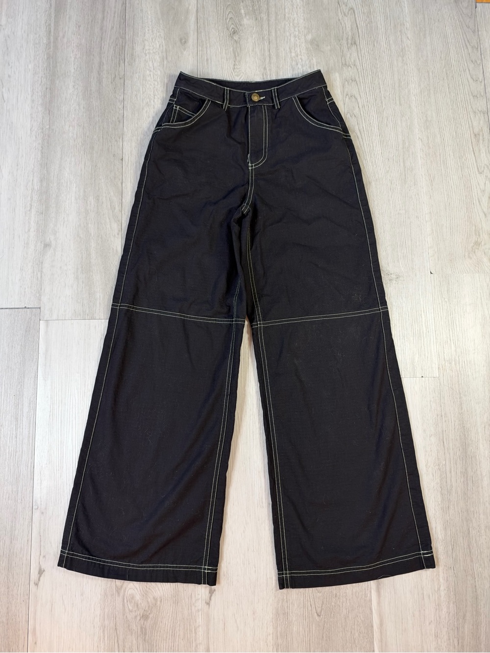 Princess Polly Women’s Black Wide-Leg Twill Cotton Pants Pockets Button Size 2.